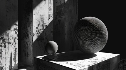 Poster - A simple still life composition featuring a vase and a sphere against a plain background
