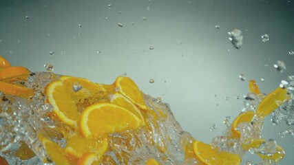 Fototapete - Super Slow Motion of Flying Orange Slices with Water Splashes, Isolated on Blue Background. Filmed on High Speed Cinema Camera, 1000fps. Speed Ramp Effect.