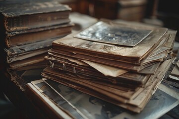 Poster - Stack of vintage books on wooden table, ideal for backgrounds or historical scenes