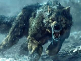 Poster - A wolf is running through the snow with its mouth open, showing its teeth. The wolf appears to be angry and aggressive, and the scene is set in a cold, snowy environment