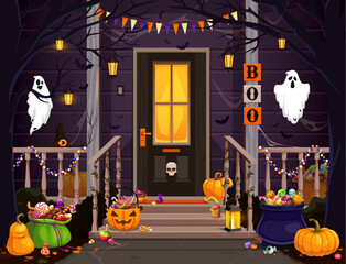 Canvas Print - Halloween door porch with sweets in buckets, scary ghosts and pumpkins, cartoon vector. Halloween holiday and trick or treat party boo ghosts with skull on house door and monster candies with spiders