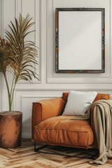 Aufkleber - Cozy living space with comfortable sofa and indoor greenery, ideal for home decor or lifestyle photography