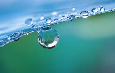 Poster - A water droplet hangs delicately from the edge, reflecting sunlight with vibrant colors in a natural environment