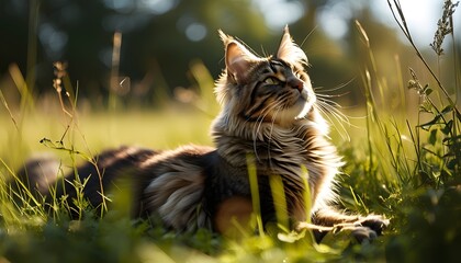 Wall Mural - A Maine cat quietly enjoys the sun on the grass, showing a confident attitude.