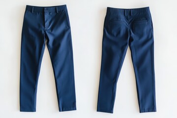 Pair of navy blue dress pants on a white background