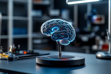 Poster - Futuristic Digital Brain with Holographic Displays in HighTech Laboratory