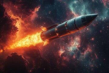 Wall Mural - futuristic rocket silhouette soaring through a cosmic tapestry of swirling galaxies and nebulae striking contrast between dark spacecraft and vibrant celestial backdrop