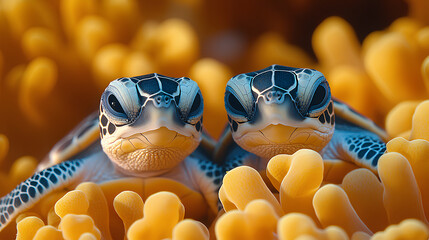 Sticker - print illustration of two cute colorful baby turtles