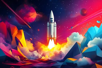 Canvas Print - Rocket Launch In A Colorful Galaxy.