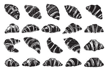 Wall Mural - differents croissants linocut print style icons set varied croissant types neat thick strokes detail