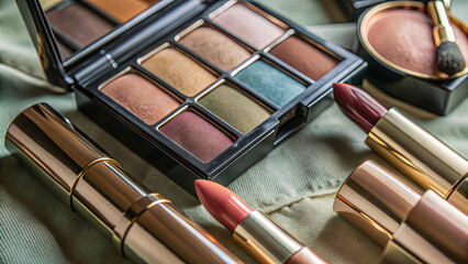 Various lipsticks in gold packaging and an eyeshadow palette with rich colors are arranged stylishly on soft fabric