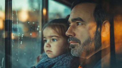 Happy father and daughter looking through window, joyful family moment of togetherness, positive experience of shared view, cheerful interaction by the window

