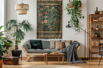 Aufkleber - A warm and inviting living room filled with comfortable furniture and lush greenery