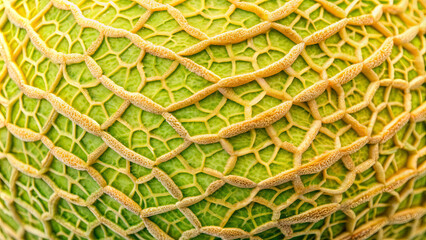 Wall Mural - The surface of a green melon reveals a network of textured patterns and details under bright lighting