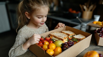 A young girl is looking at a box of food, which contains a sandwich, fruit