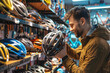 © lenblr - Customer is choosing a bicycle helmet in a sports shop, looking at a variety of models on display