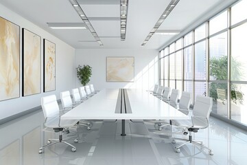 Modern white conference room with large windows and city view.