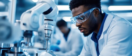 Poster - Scientist Working with Robotics in Laboratory. Generative ai