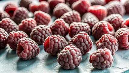 Wall Mural - Ripe, vibrant raspberries are spread out on a surface, showcasing their unique texture and rich color under bright afternoon light