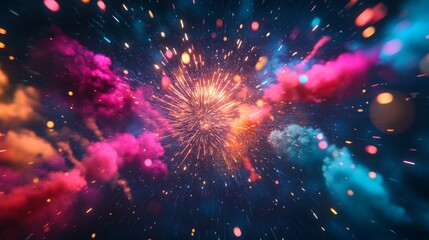 Fototapete - Vibrant fireworks burst in night sky with colorful sparks