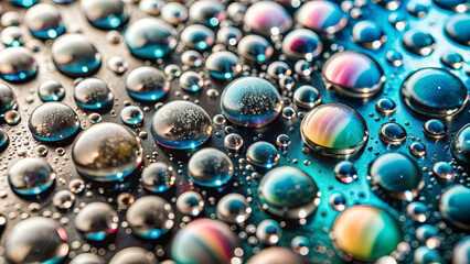 Poster - Water droplets create a vivid display of colors and reflections on a dark surface, showcasing intricate details and patterns