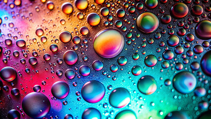 Poster - Brightly colored droplets are scattered across a dark surface, reflecting light and creating a dynamic, colorful visual effect