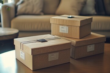 Poster - Two boxes placed on a wooden table, suitable for use in still life photography or as a prop for other scenes