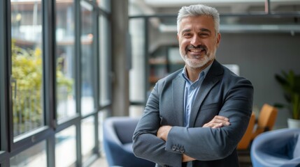 Smiling handsome businessman with crossed arms in modern office, middle-aged gray-haired man exuding confidence, business success concept.