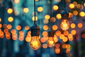 Poster - A string of light bulbs suspended from above, with varying shades and sizes