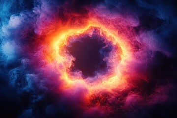 Wall Mural - dramatic neon smoke ring vibrant multicolored smoke exploding outwards from empty center creating et