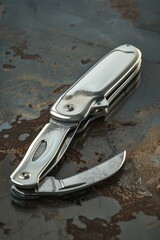 Poster - A silver pocket knife lies on a rusted surface, great for still life or detail photography