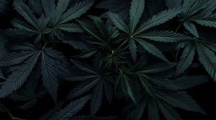 Marijuana leaves on a black background, close up top view on cannabis leaves and branches on black background for alternative medical and marketing design concept