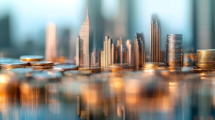 Poster - Overlaid image of a cityscape and coins, symbolizing the blend of urban growth and banking sectors.