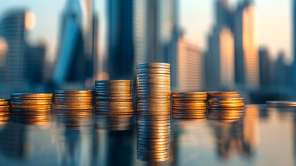 Poster - Double exposure of a city skyline merging with a stack of coins, representing the intersection of urban development and financial growth.