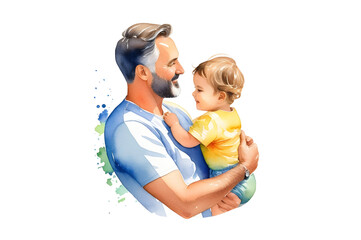 Vibrant watercolor drawing portraying the love of a father, isolated on a transparent or white background.