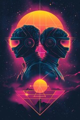 Wall Mural - Two futuristic figures in neon colors with a glowing sun and starry background.