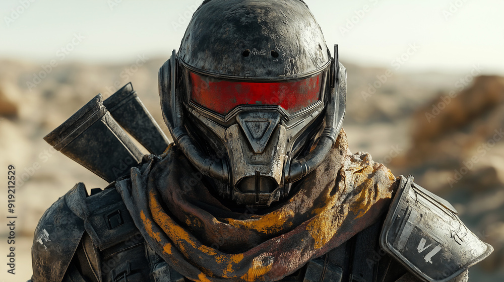 Futuristic Combat Soldier In Worn Armor With A Red Visor And Dual ...