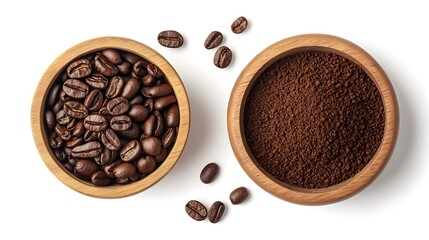 Coffee Beans and Ground Coffee in Wooden Bowls