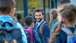 © Tahsin - Happy school kids greeting their teacher with smiles, joyful students welcoming their educator, warm classroom atmosphere, children excited to see their teacher