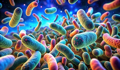 Closeup of 3d microscopic multicolored bacteria. Microscopic image of a flowing bacteria. Concept of food safety, E. coli bacteria, human health, microbiology research, foodborne illnesses