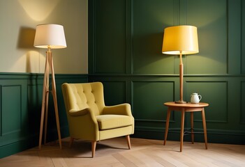 Wall Mural - A white tufted armchair in a dimly lit room with green walls, a wooden side table, and two table lamps with white shades