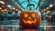 © xeionise - Halloween Pumpkin Suitcase in Busy Airport Terminal..