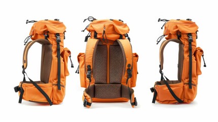 Poster - Three views of an orange backpack on a white background, great for outdoor adventure or travel themes