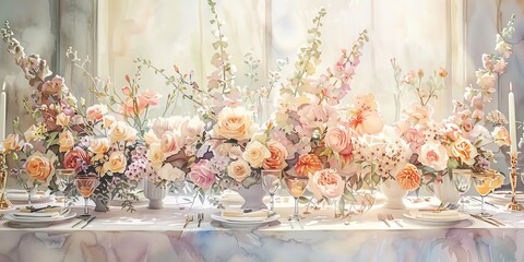 Watercolor wedding reception decor, elegant floral arrangements, soft pastel tones, hand-painted details