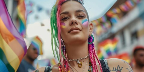 Wall Mural - A woman with rainbow hair and colorful makeup stands in front of a rainbow flag. She is smiling and she is enjoying the festival