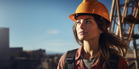 Young female engineer is smiling on a construction site, wearing a hard hat and safety vest. Labor day. Banner