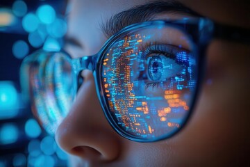 Wall Mural - intense closeup of human eyes behind glasses reflecting lines of code on a computer monitor symbolizing cybersecurity and digital vigilance