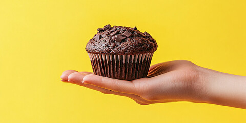 Hand elegantly holding a chocolate muffin against a bright yellow backdrop