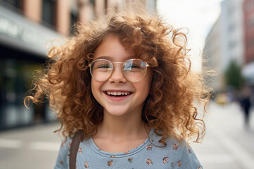 close up portrait standing in the street and happy.