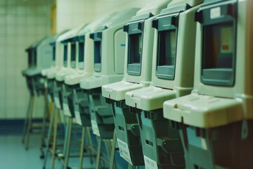 Poster - row of computer monitors stacked on top of each other for storage or display
